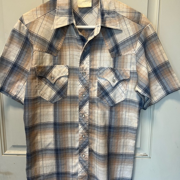 Rocking K Ranchwear Shirt Men M Brown/Blue Textured Short Sleeve  Pearl Snap Vtg - Picture 2 of 9